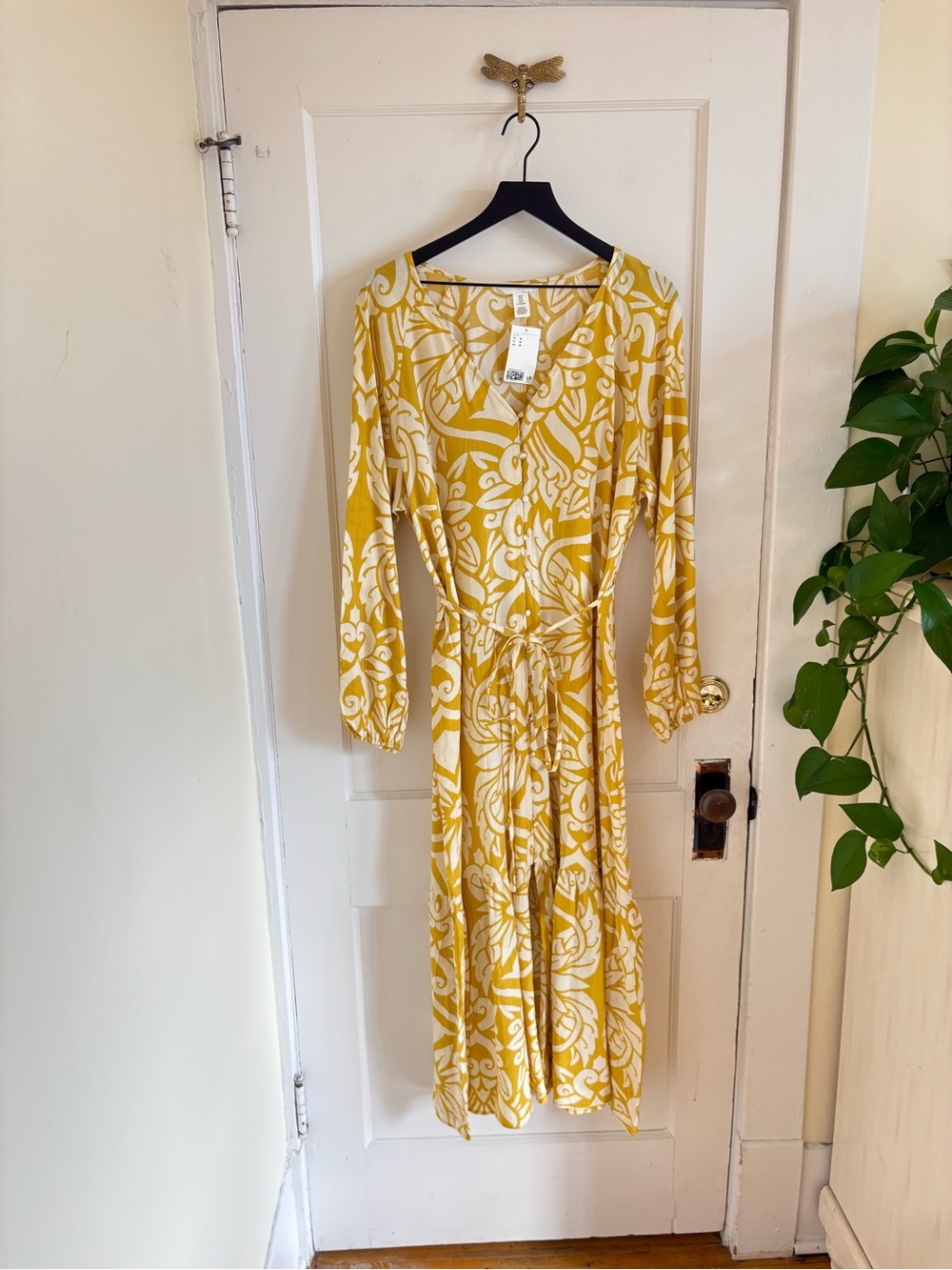 NWT H&M Flowy Yellow & White Boho Floral Long Sleeve Tie Waist Unlined Dress M